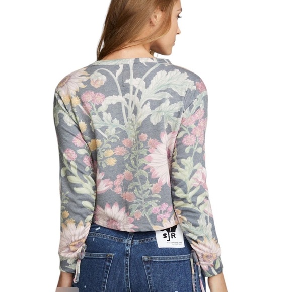 NEW CHASER Drawstring Shirred Long Sleeve Cropped Pullover Floral Top Size Small - Picture 2 of 12